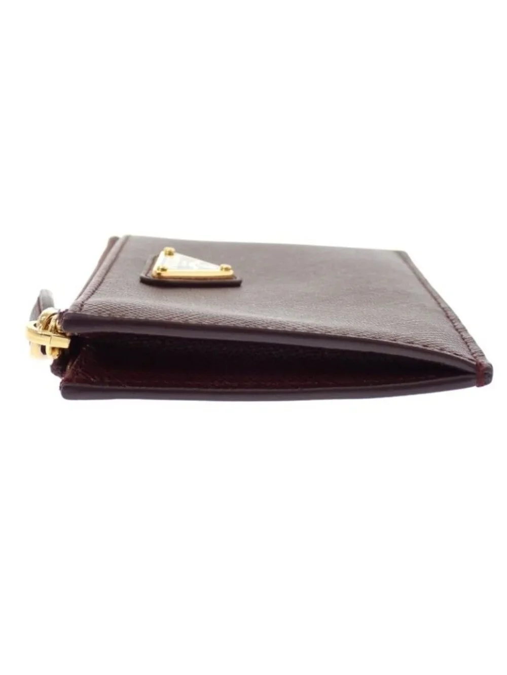 Prada Saffiano Triangle Card Case Bordeaux Burgundy Gold Genus